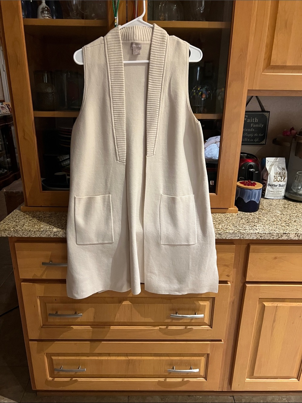 Chico's Cream Sleeveless Open Knit Vest with Patch Pockets